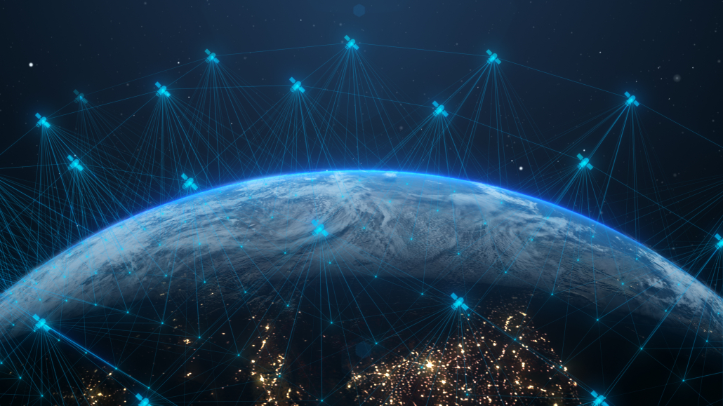 Illustration of Earth with satellites orbiting around it, connected by lines symbolizing communication