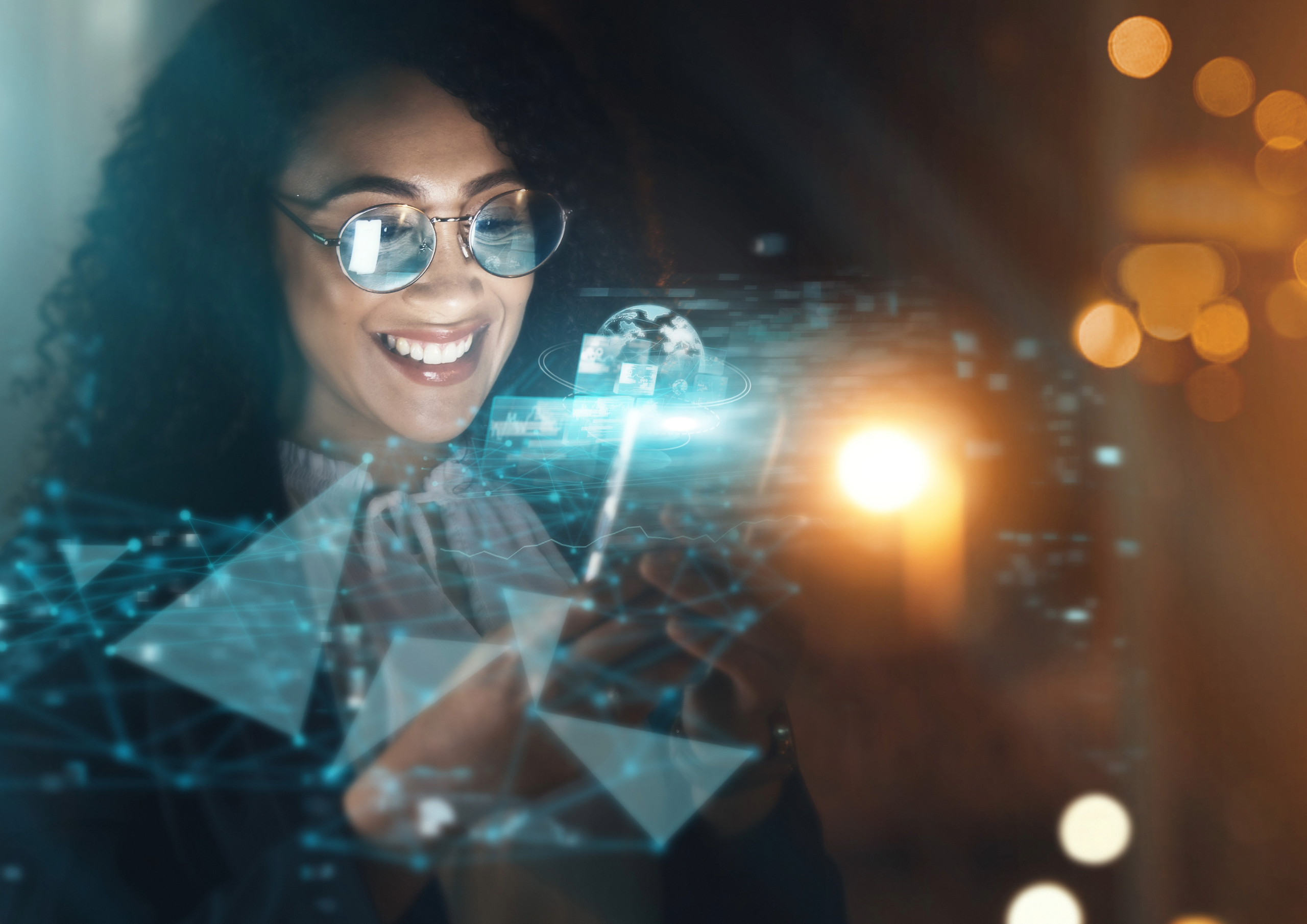 woman interacting with a data hologram